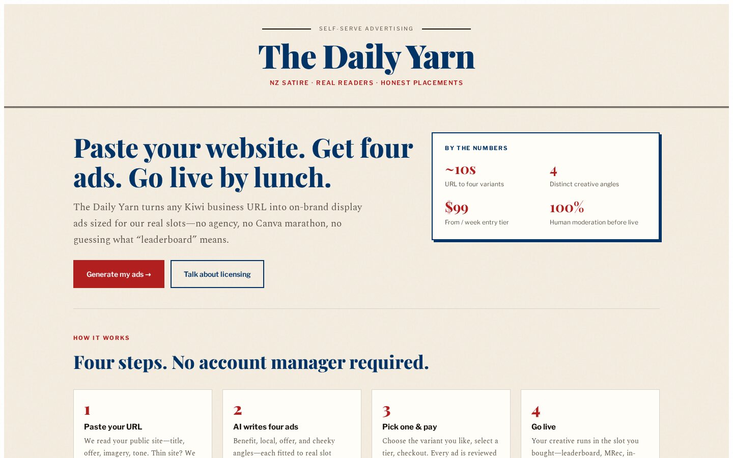 The Daily Yarn self-serve advertising landing page — paste a URL, get four AI-generated ad variants, go live.