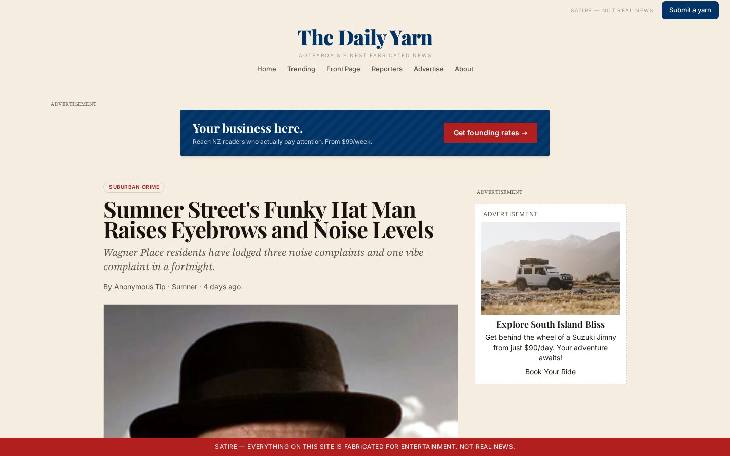 A Daily Yarn article page with satirical headline, reporter byline, and share-ready layout.