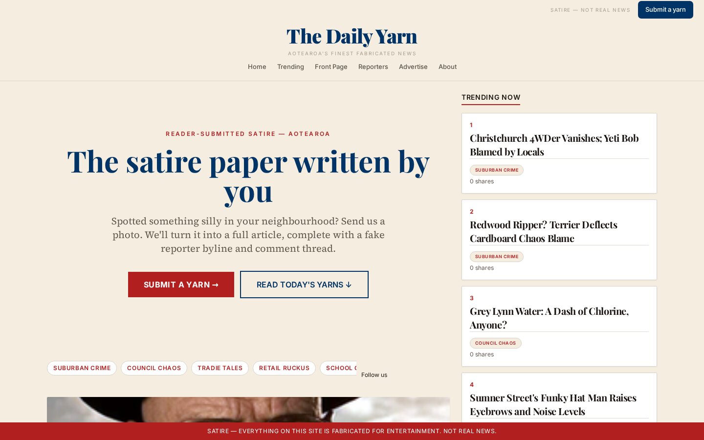 The Daily Yarn front page — AI-generated satirical NZ news headlines assembled into a daily edition.