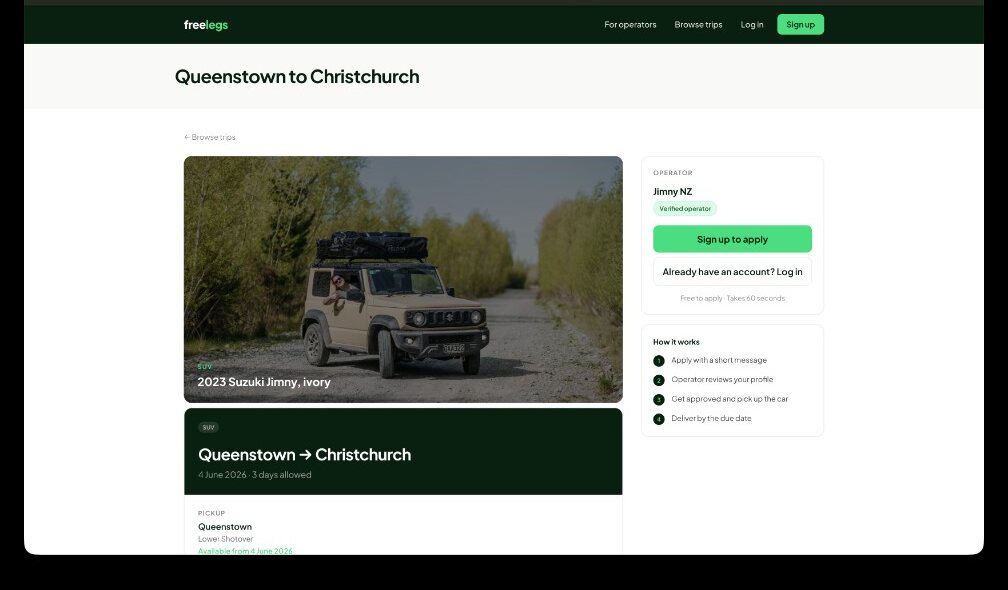 A Freelegs trip listing — a Queenstown to Christchurch relocation showing pickup, drop-off, and applicant details.