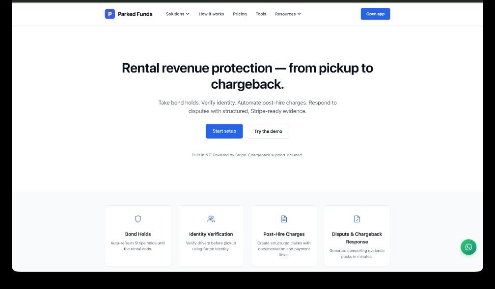 The Parked Funds homepage — "Rental revenue protection", a Stripe-native fintech product for NZ vehicle rental operators.