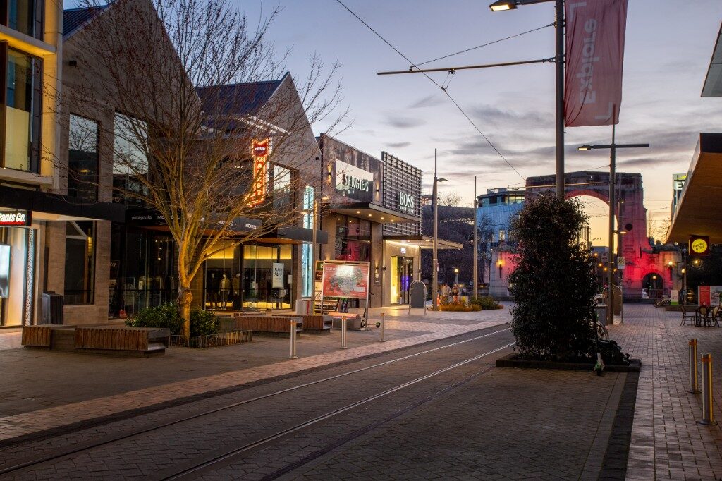 Cashel Mall retail precinct in central Christchurch at dusk