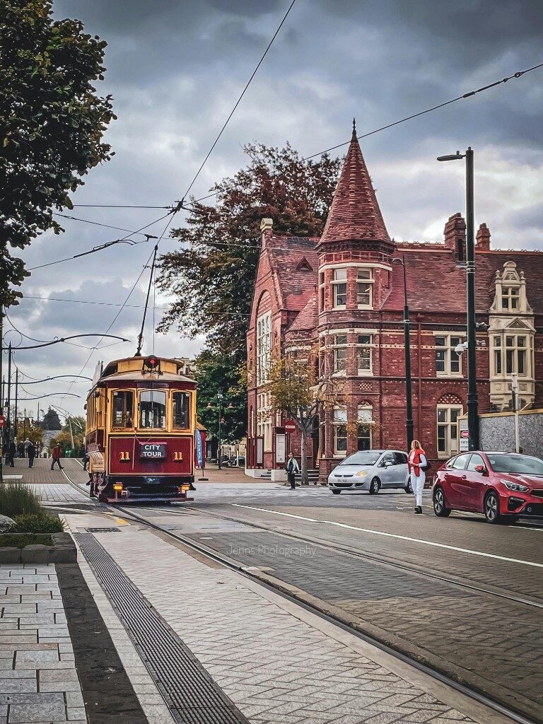 Christchurch heritage tram on Worcester Boulevard near the Arts Centre