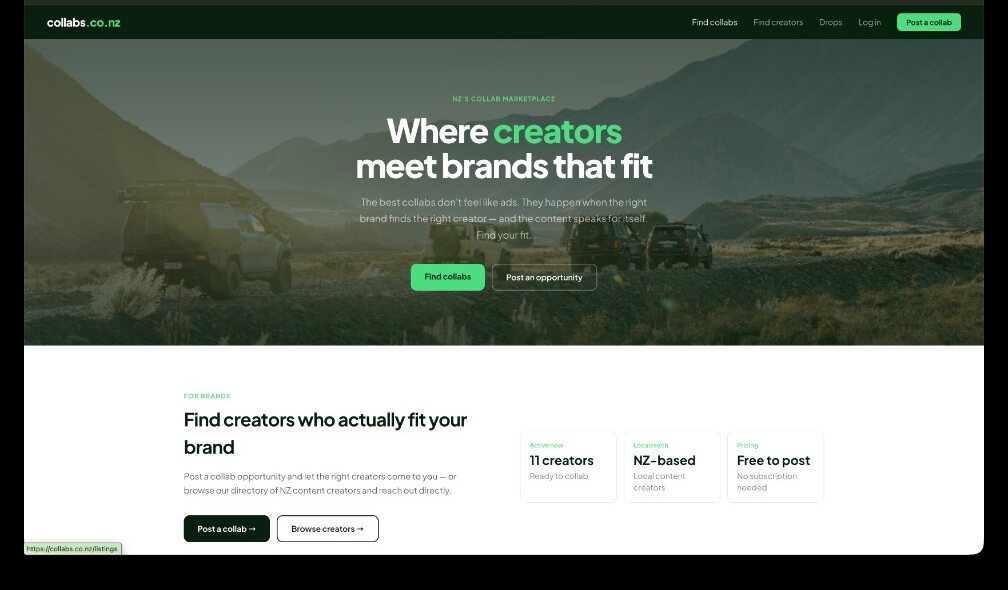The Collabs.co.nz homepage — creators meet brands that fit